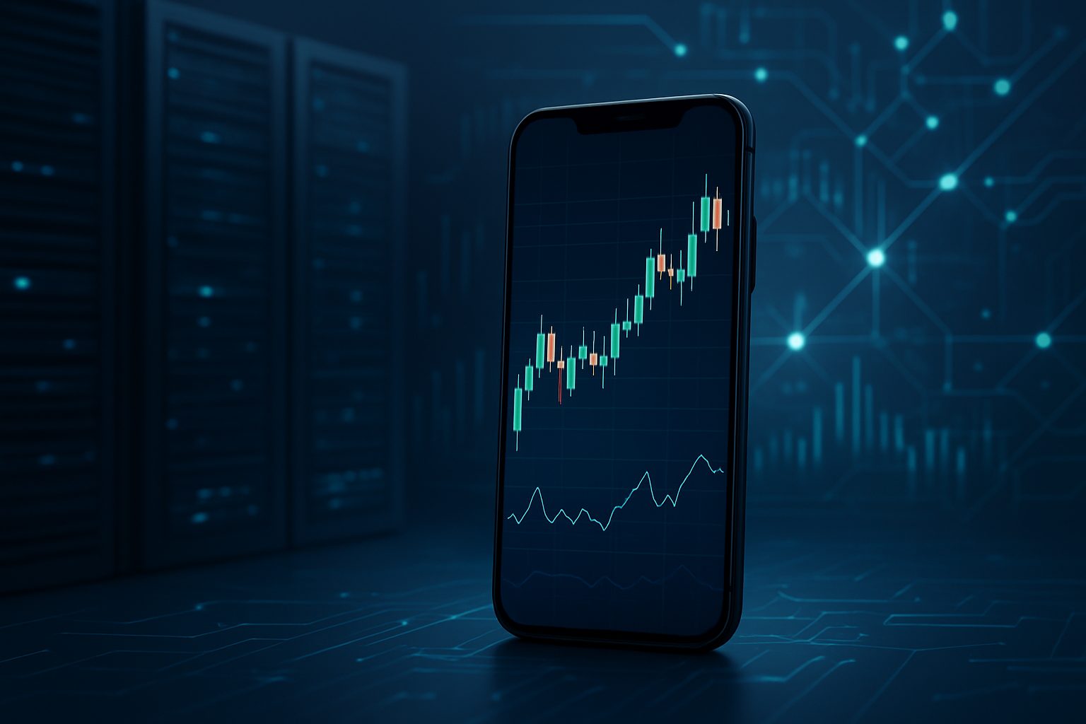 A smartphone displaying a stock market chart on a futuristic digital background